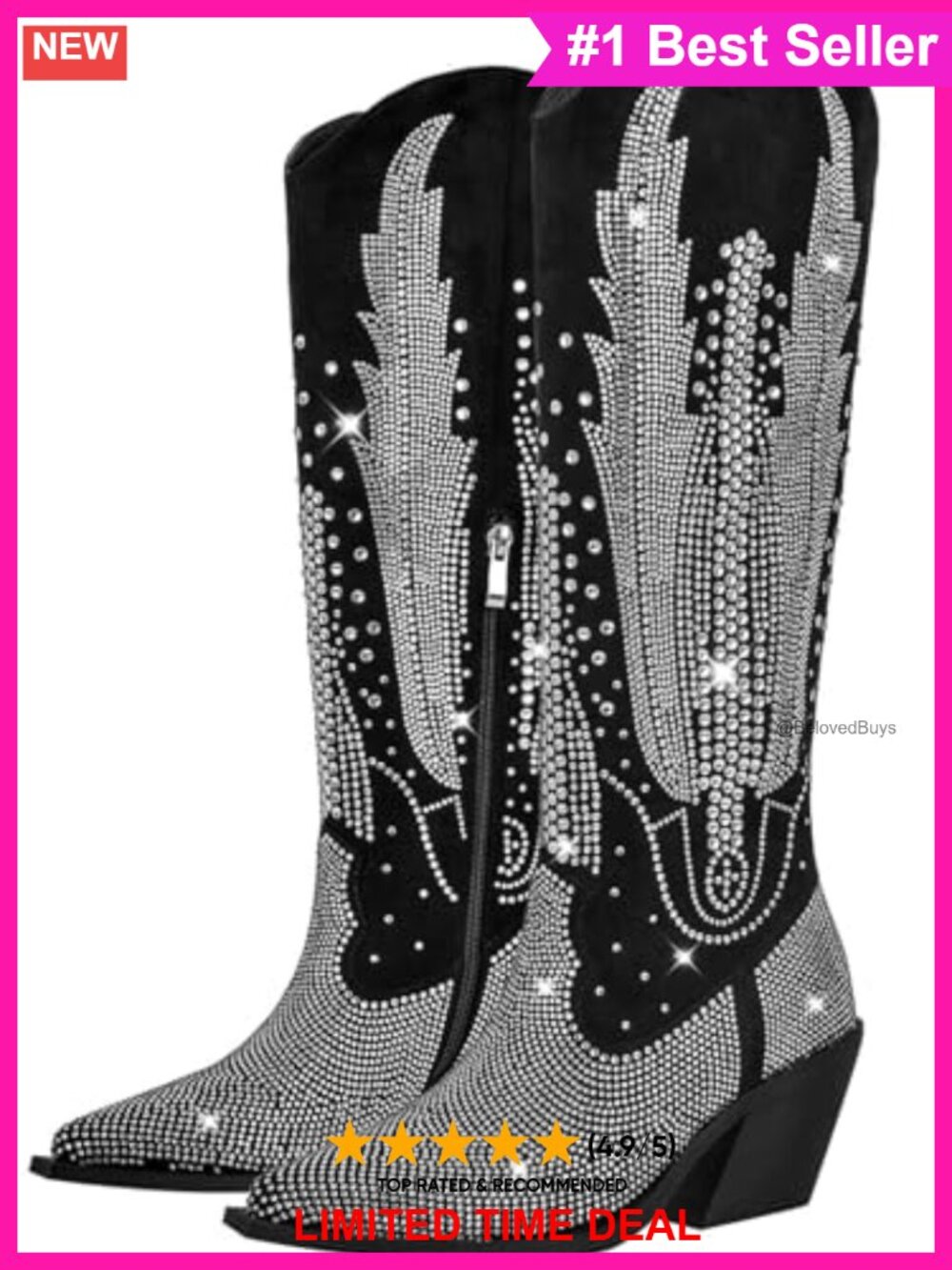 Knee High Cowboy Boots Rhinestone Pointed Toe Chunky Heel Pull On Western Boots